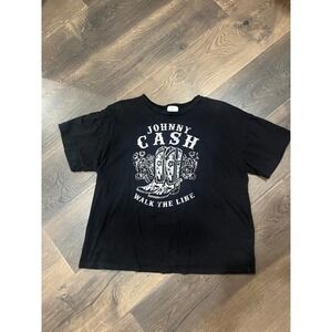 12PM Johnny Cash Walk the Line Graphic T-Shirt Black‎ Cotton Boxy Tee Womens